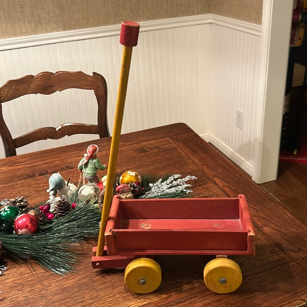 Vintage Wooden Child’s Pull Cart/Wagon Painted Red With Yellow Painted Wheels
